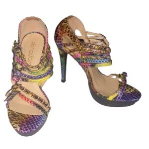 • Nadara Rainy Strappy Multi Color Snake Print Heels •